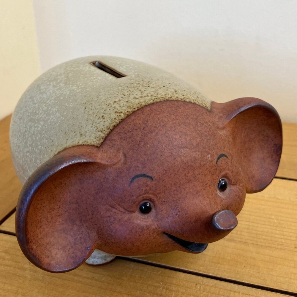 Happy Elephant Money Coin Bank Stoneware Ceramic Vintage UCTCI Japan 6.5" Long